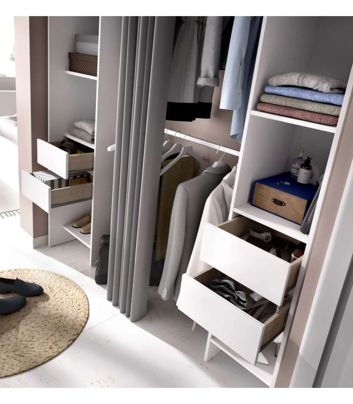 Vestidor Siles con cortina y cajones en acabado blanco, 203 cm(alto)180 cm(ancho)50 cm(fondo)