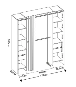 Vestidor Siles con cortina y cajones en acabado natural, 203 cm(alto)180 cm(ancho)50 cm(fondo)