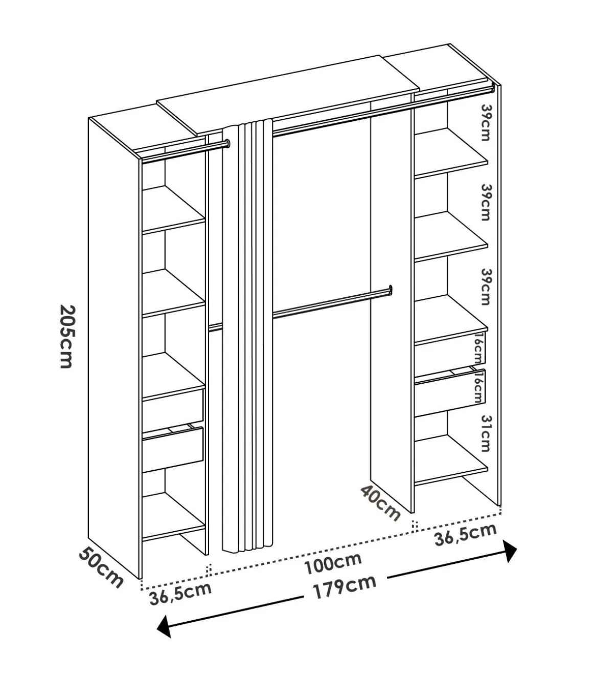 Vestidor Siles con cortina y cajones en acabado natural, 203 cm(alto)180 cm(ancho)50 cm(fondo)