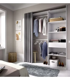 Vestidor Siles para dormitorio con cortina, 3 baldas y 1 cajon en color blanco 205 cm(alto)160 cm(ancho)50 cm(fondo)