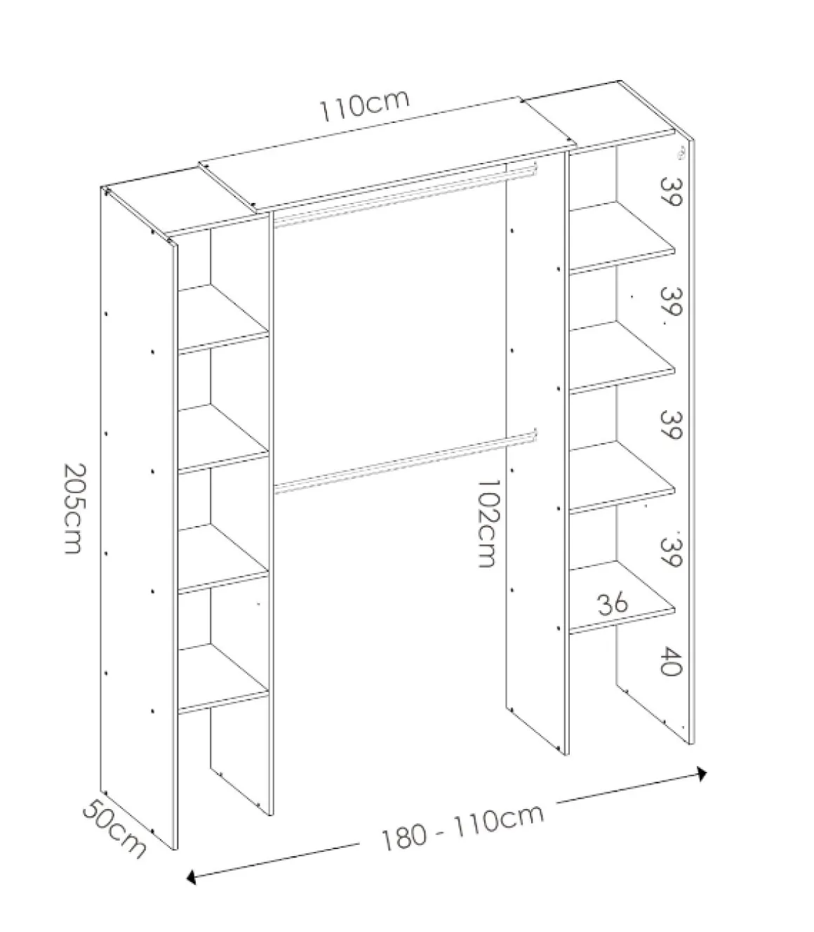 Vestidor Siles para dormitorio con cortina y baldas en blanco 205-203 cm(alto)180 cm(ancho)50 cm(fondo)