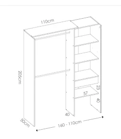 Vestidor Siles para dormitorio con cortina, 3 baldas y 1 cajon natural-grafito 205 cm(alto)160 cm(ancho)50 cm(fondo)