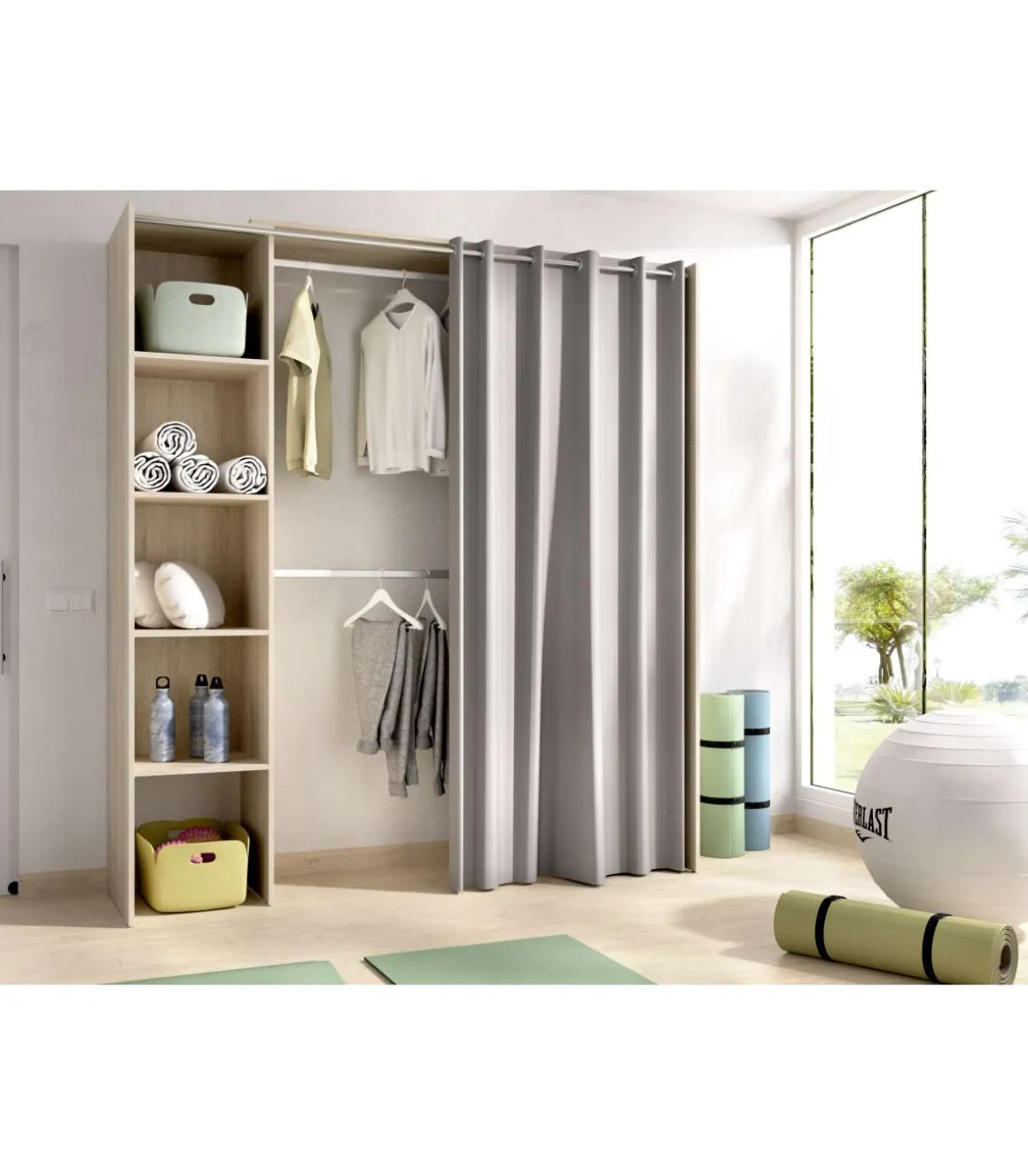 Vestidor Siles para dormitorio con cortina y baldas en natural, 205cm(alto) 180cm(ancho) 50cm(fondo)