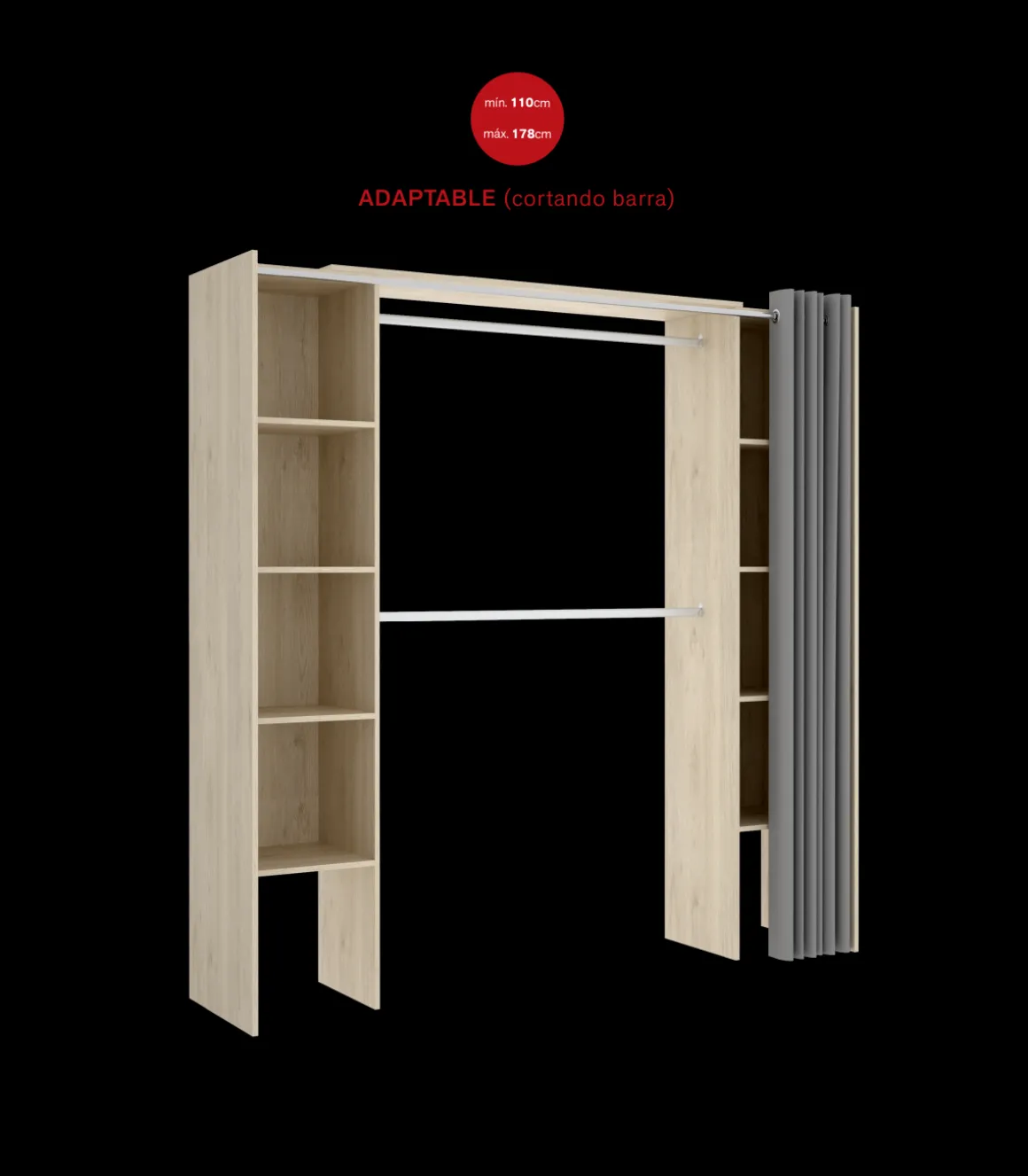 Vestidor Siles para dormitorio con cortina y baldas en natural, 205cm(alto) 180cm(ancho) 50cm(fondo)