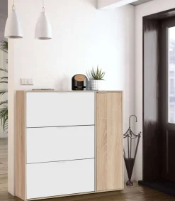 Zapatero con 4 puertas Maty Roble Canadian y Blanco 115 cm (alto) x 106 cm (ancho) x 22 cm (prof.)