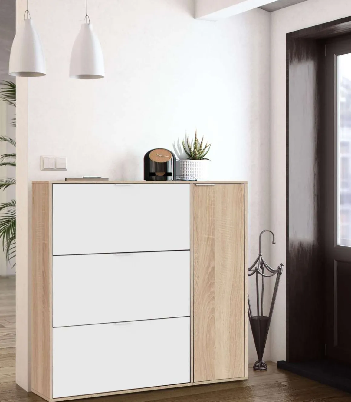 Zapatero con 4 puertas Maty Roble Canadian y Blanco 115 cm (alto) x 106 cm (ancho) x 22 cm (prof.)