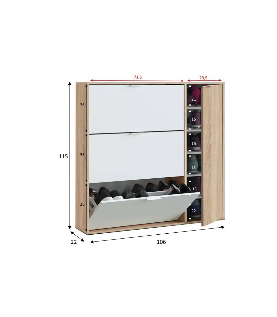 Zapatero con 4 puertas Maty Roble Canadian y Blanco 115 cm (alto) x 106 cm (ancho) x 22 cm (prof.)