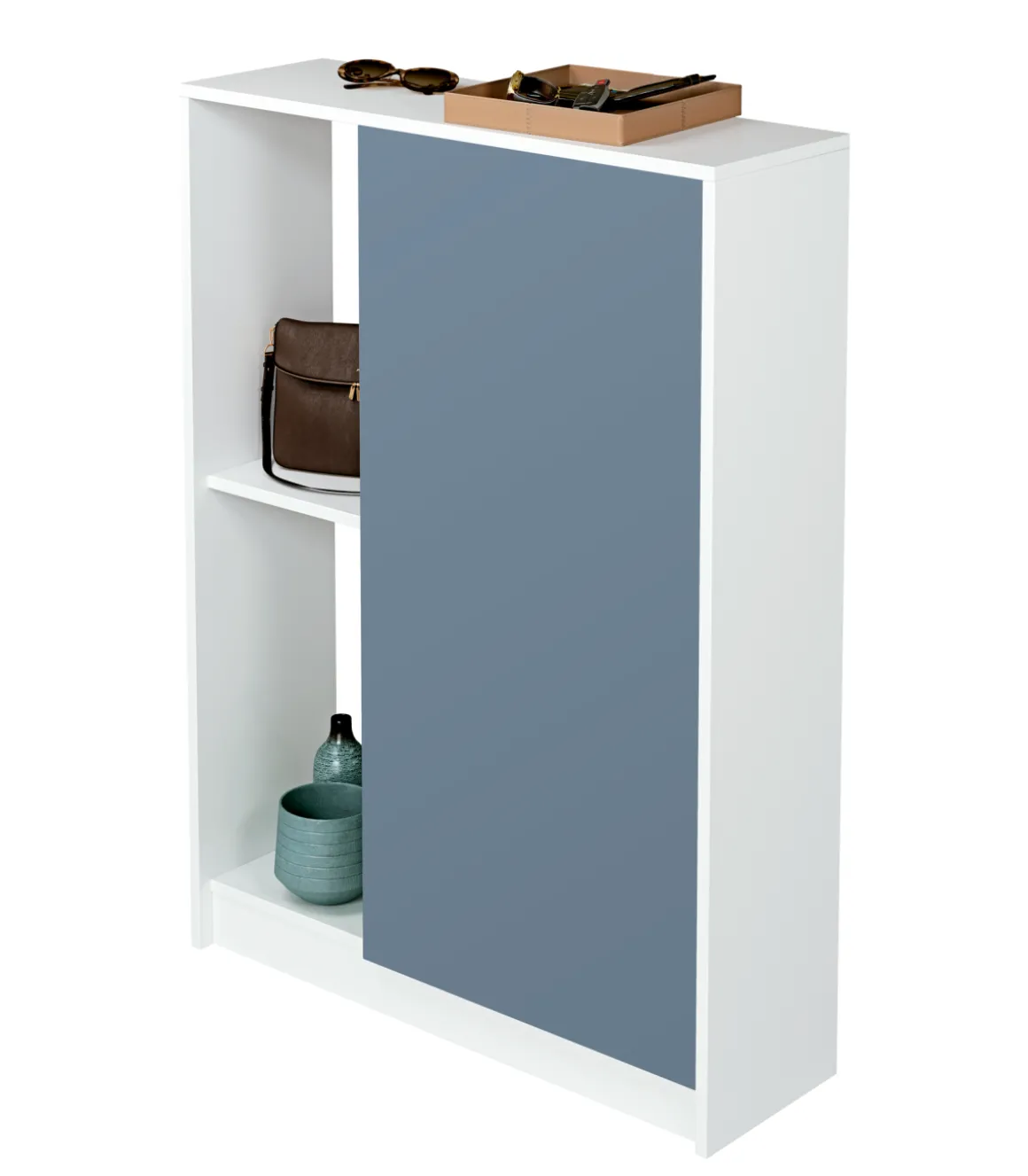 Zapatero o recibidor Neo una puerta y dos huecos acabado blanco/azul. 110 cm(alto)80 cm(ancho)25 cm(fondo)
