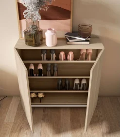 Zapatero 2 puertas modelo 513 acabado nogal oscuro patas blancas, 90x90x27 (alto x ancho x fondo)