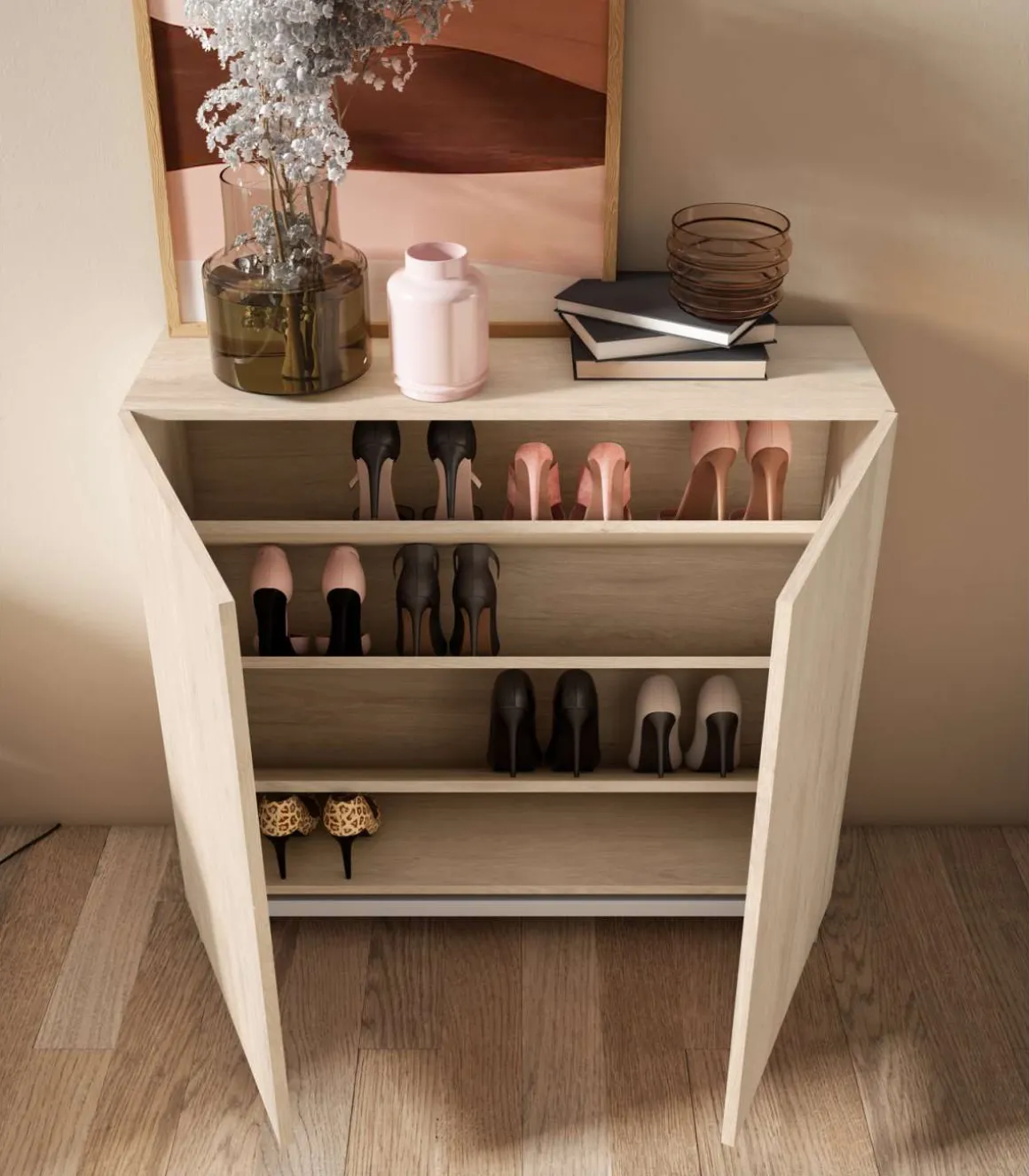 Zapatero 2 puertas modelo 513 acabado roble oscuro patas blancas, 90x90x27 (alto x ancho x fondo)