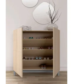 Zapatero 2 puertas modelo 513 acabado nogal oscuro patas grises, 90x90x27 (alto x ancho x fondo)