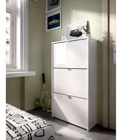 Zapatero 3 puertas Porcuna acabado blanco brillo, 61 cm(ancho) 113 cm(altura) 25 cm(fondo)