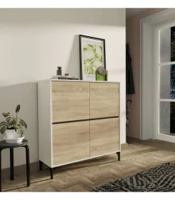 Zapatero 4 puertas Tokio en roble cambrian/blanco. 101cm(ancho) 96.5cm(altura) 33cm(fondo)